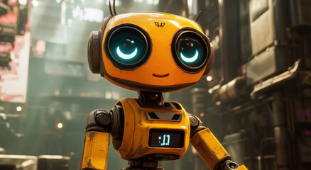 A cheerful yellow robot with large blue eyes stands in a bustling industrial area, ready to embark on exciting adventures amidst towering machinery