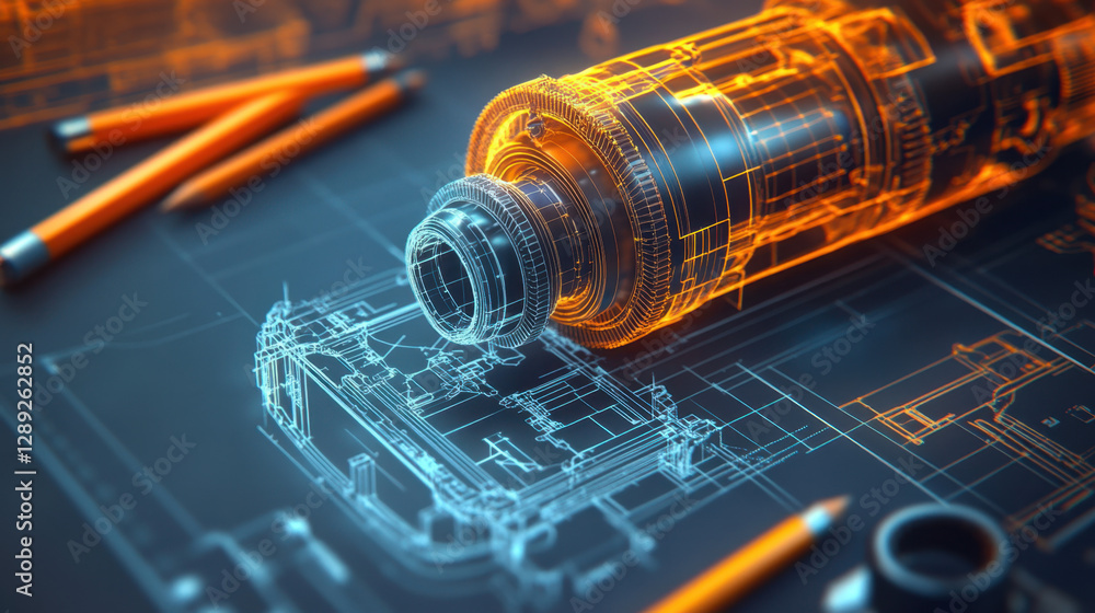 Poster blueprint displays a comprehensive design of an industrial engine, highlighting various components a