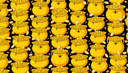 Playful Pattern of Pots of Gold and Coins for St. Patrick’s Day with Copy Space