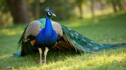 Fototapeta premium A majestic peacock standing on a grassy field with its vibrant feathers fully fanned out