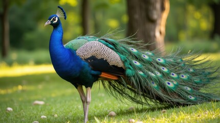 Obraz premium A majestic peacock standing on a grassy field with its vibrant feathers fully fanned out
