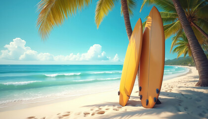 Scenic view of yellow surfboards leaned on palm tree at beach. Clear turquoise sea with white sand, waves. Summer vacation mood, idyllic island paradise, holiday destination, travel inspiration,