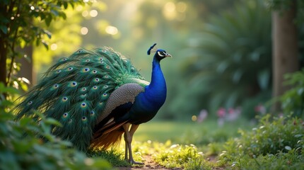 Obraz premium A majestic peacock standing on a grassy field with its vibrant feathers fully fanned out