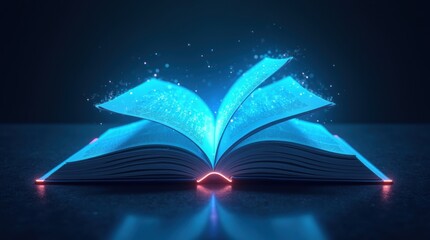 A modern open book with bright blue glowing pages, floating in mid-air against a futuristic dark background