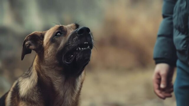 Protective brown dog barking near child's hand, communicating within natural park environment, revealing canine human interaction and behavioral dynamics