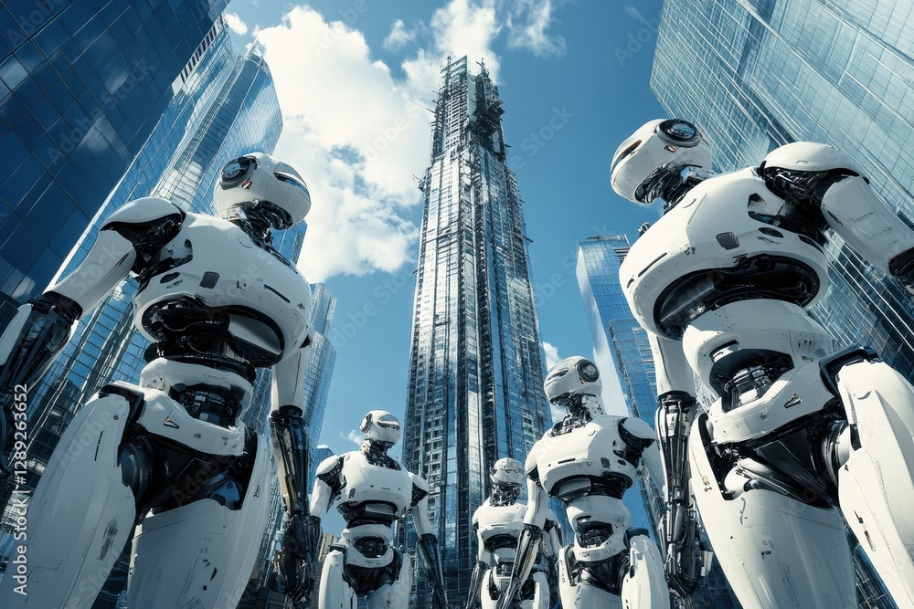 Poster a photo capturing a group of robots standing in front of a towering tall building in an urban settin