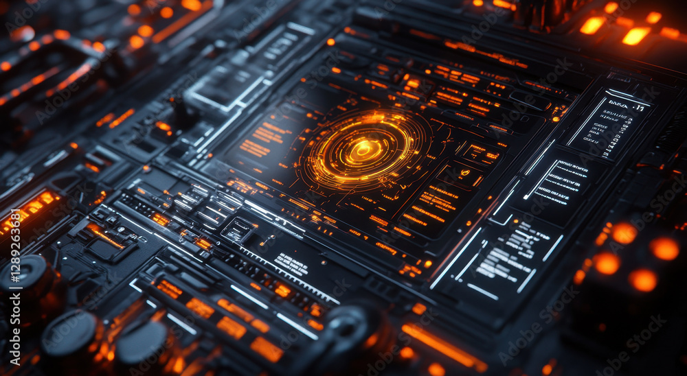 Poster intricate digital interface highlighted by dynamic glowing features, conveying advanced technology i