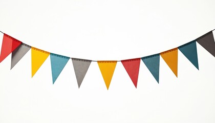 Obraz premium Colorful pennant chain strung isolated on white. Triangle flags garland decoration strung for party, carnival, festival celebration decor. Decorative design elements add festive mood. Bunting for