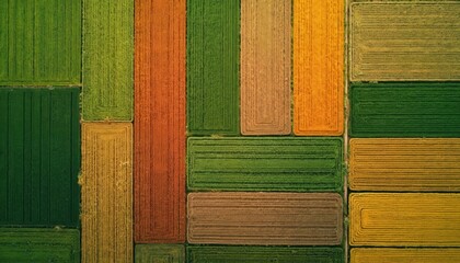 Aerial view of farmland with patchwork of different crops. Pattern, texture of design in squares with various colourful mosaic geometric seamless tile. Decoration in green, yellow, brown, orange.