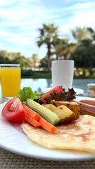 Breakfast surrounded by tropical greenery includes sausages, vegetables, juice breakfast promoting nutritional harmony, creating peaceful mornings enhancing vibrant nutritional dining moments outdoors