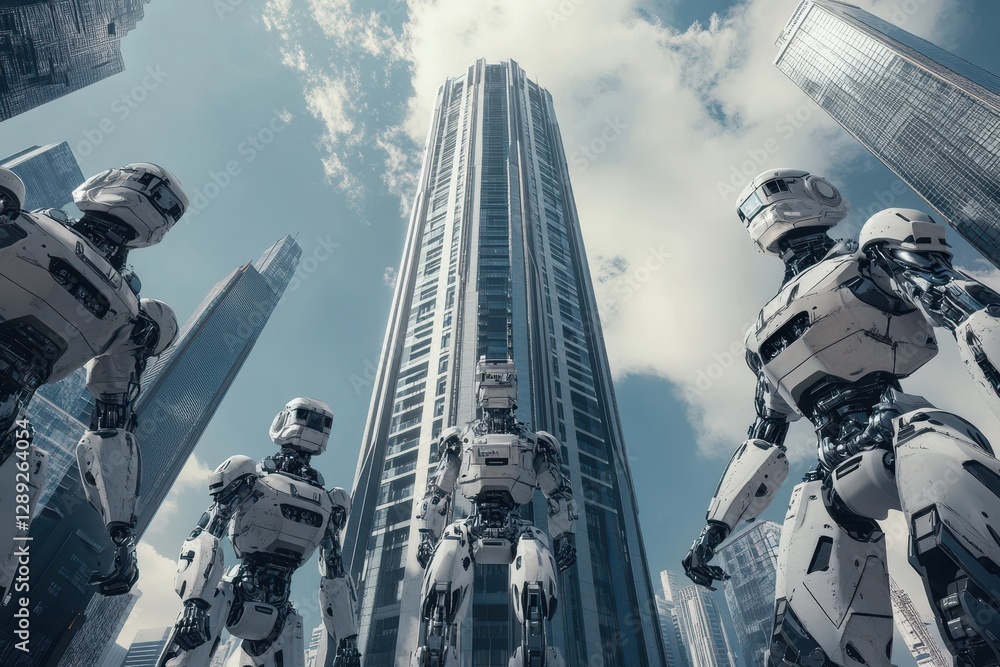 Poster a photo capturing a group of robots standing in front of a towering tall building in an urban settin