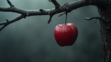 Red apple on dark branch, misty gray background, representing forbidden fruit and temptation in a mysterious setting.