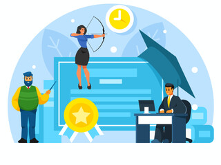 Certificate of completion of online courses. Woman shooting from a bow. Businessmen at work. Diploma and graduation hat. Education concept. Degree certificate. Vector graphics