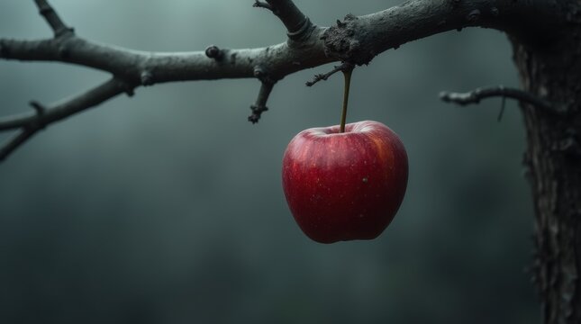 Red apple on dark branch, misty gray background, representing forbidden fruit and temptation in a mysterious setting.