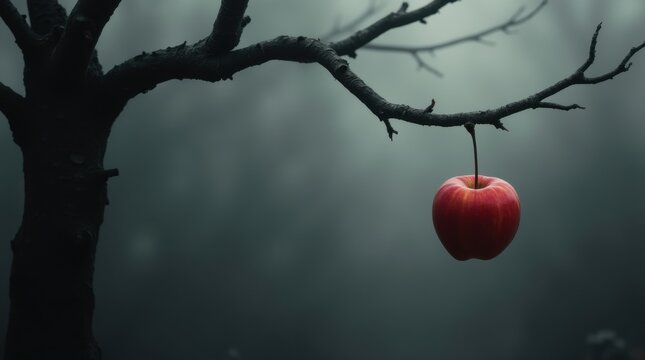 Red apple on dark branch, misty gray background, representing forbidden fruit and temptation in a mysterious setting.