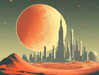 Alien city and red planet show space station under moon