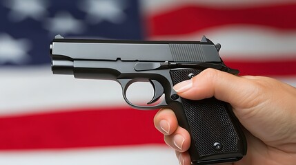 Handgun, flag backdrop, gun control debate
