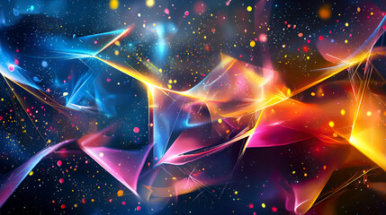Futuristic abstract background with glowing neon shards and metallic surfaces