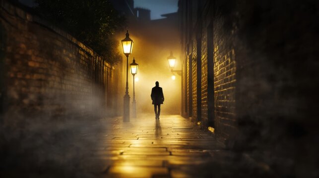 film noir atmosphere, a shadowy figure strolling through a dimly lit alleyway at night, engulfed in swirling fog under streetlights, creating a suspenseful, noir-inspired ambiance