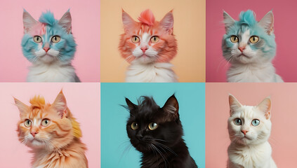 Six-panel digital artwork, each panel features a cat with a unique, exaggerated hairstyle, bright solid background colors, whimsical and lighthearted mood
