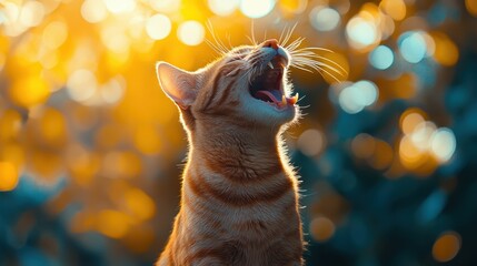 Vibrant Capture of Playful Cat Yawning Amidst Glowing Golden Bokeh Background
