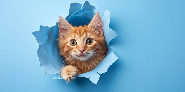 Playful Maine Coon Cat Emerging from Blue Rip in Paper