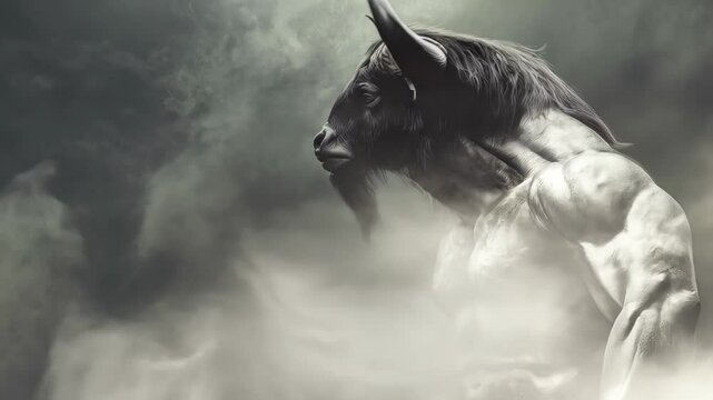 Muscular Minotaur emerging from misty landscape, powerful physique revealing mythical darkness and primal strength of legendary Greek monster