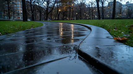 Rainy park path, curved walkway, autumn leaves, city background, tranquil scene