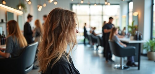 Obraz premium Busy modern hair salon scene showcases client hair. Stylists work. Pro atmosphere, stylish interior, blond hair makeover, beauty treatments. Beauty, self-care concepts. Hairdressing services.