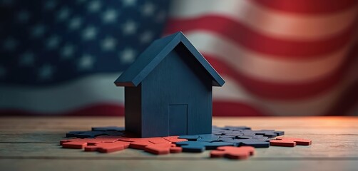 Small house model on wooden surface with USA flag in background. Property investment. Mortgage loan, real estate market, sale and rental housing. Home finance, patriotic background.