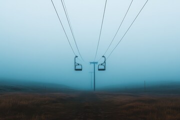 A photo capturing a large pipe suspended in the midst of a foggy sky Pipelines disappearing into the horizon on a foggy morning .