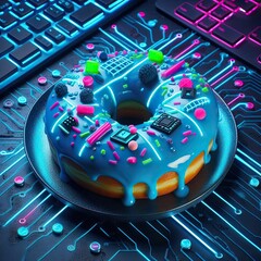 A cyber-themed doughnut with electric blue glaze and neon sprinkles