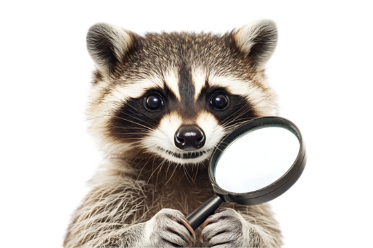 Curious raccoon holding magnifying glass.