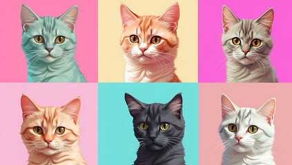Six-panel digital artwork, each panel features a cat with a unique, exaggerated hairstyle, bright solid background colors, whimsical and lighthearted mood