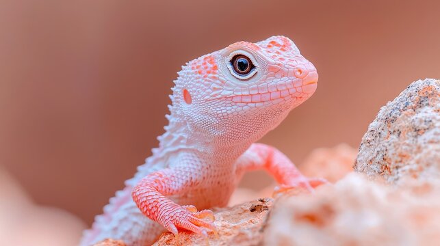 Pink lizard on rocks, desert background; wildlife photography
