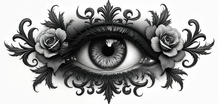 Eye surrounded by ornate floral elements. Tattoo-inspired artwork graphic design with intricate details, symbolic patterns. Esoteric art embodies mystic, supernatural themes. Creative illustration