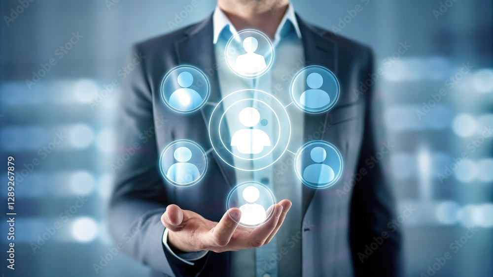Poster close up of businessman holding holographic representation of networking connection with icons of pe