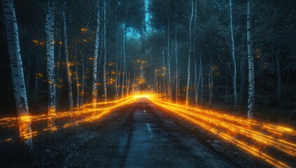 Enchanted Forest Path: A Glowing Road Through Mystical Birch Trees