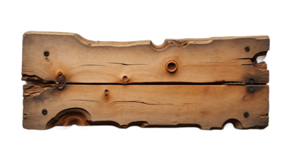 Weathered wooden plank isolated on white background. Rustic wood texture for signs, backgrounds, crafts, and product mockups. Aged brown wood panel backdrop.