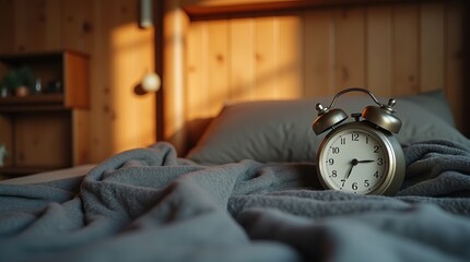 Naklejka premium Rustic bed with gray blanket, vintage alarm clock on wooden shelf, warm sunset glow, cozy home atmosphere.