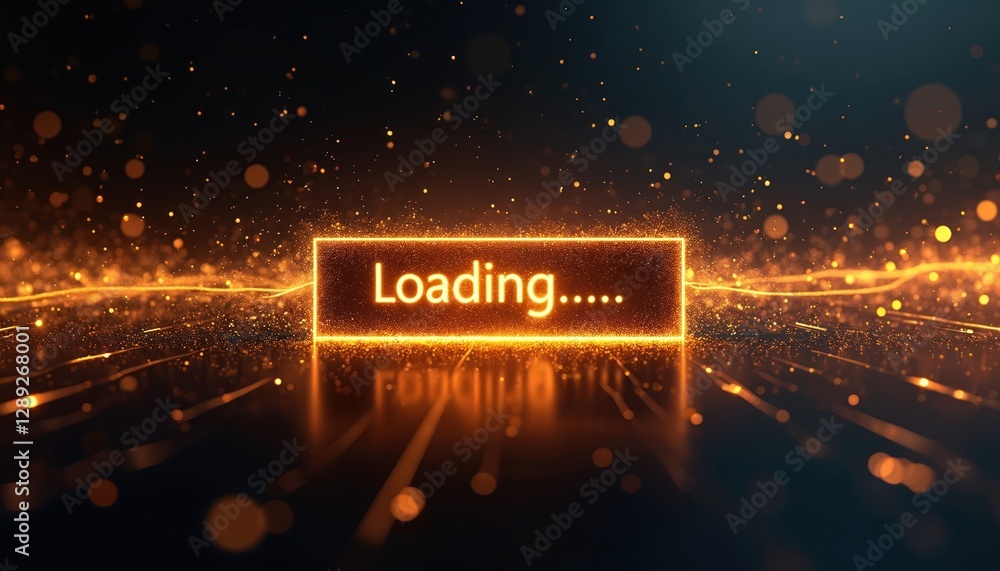 Poster orange loading word on dark digital background. golden lines on monitor screen. data load concept. g