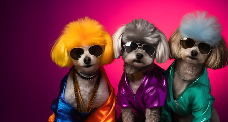 Creative animal concept. Group gang of maltipoo dog puppy doggy in sparkly rock punk neon bright colour outfit, copy text space. commercial, editorial advertisement party invitation invite	
