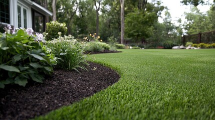 Obraz premium Lush Backyard Landscaping, Home Garden, Neatly Maintained. Potential use Stock photo for home improvement or landscaping