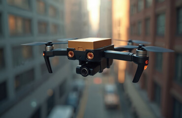 Drone delivers package in city. Autonomous unmanned aerial vehicle flies above street. Urban landscape background with modern buildings. Futuristic technology for express delivery, cargo shipping,