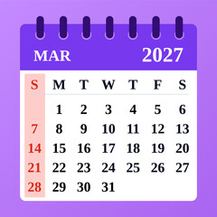 Simple March 2027 calendar with a neat grid layout. Great for time management, scheduling, and daily organization.

