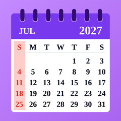 Minimalist July 2027 calendar featuring a modern design. Ideal for tracking appointments, holidays, and personal goals.

