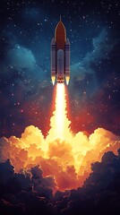 A rocket ship launching toward the stars through space clouds