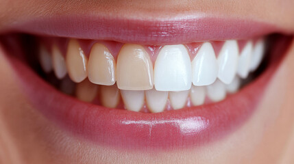 Fototapeta premium A close-up of a smiling mouth shows white teeth with one noticeably stained tooth. Concept dental health and beauty.