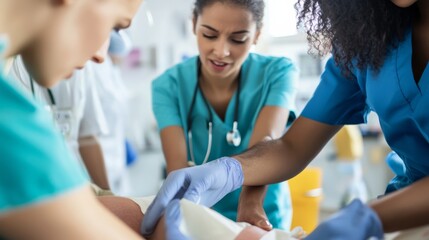 Hospital rush with nurses performing a rapid wound dressing change. Featuring swift action and wound care