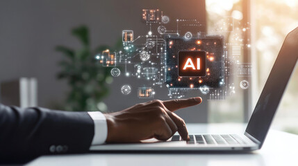 AI Technology Person Interacting with Futuristic Laptop Interface